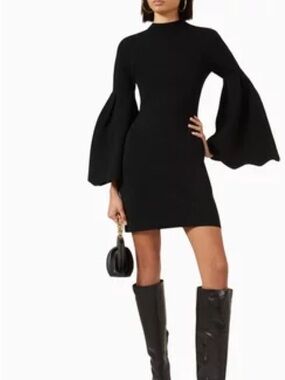 CLEA NWT Flare Tulip Sleeve Open Back Knit Crepe-Viscose Mini Dress